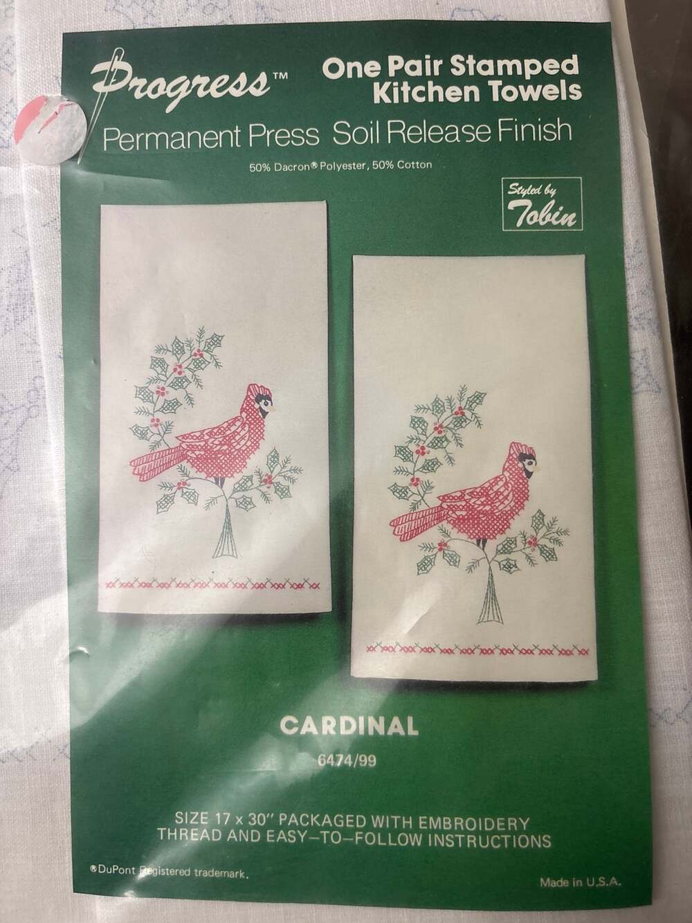 Progress Tobin Stamped Kitchen Towel Embroidery Kit  Cardinal Design New in Bag